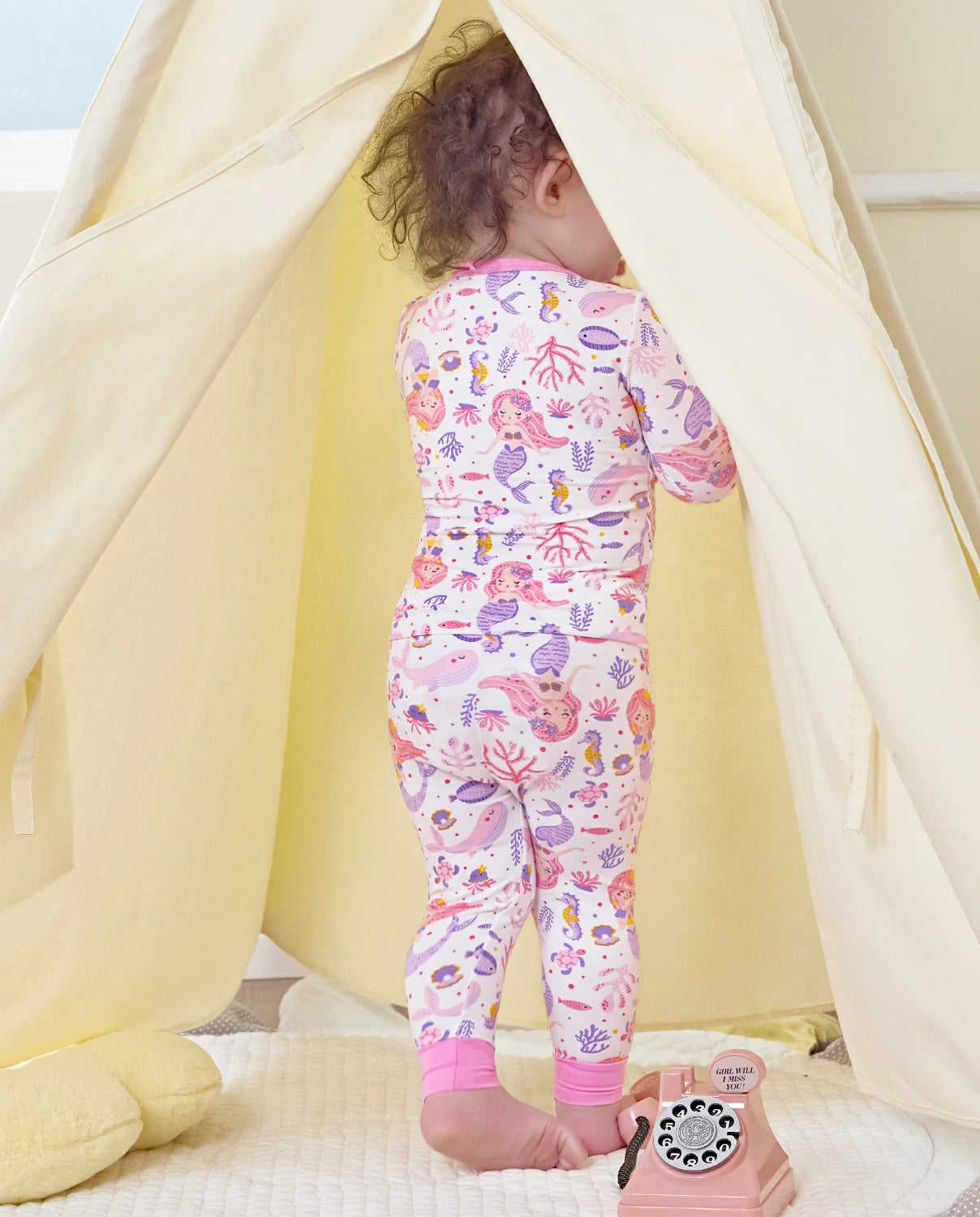 Pink Mermaid Long Two-Piece Pajama Set, pink mermaid bamboo two piece pjs lifestyle 10