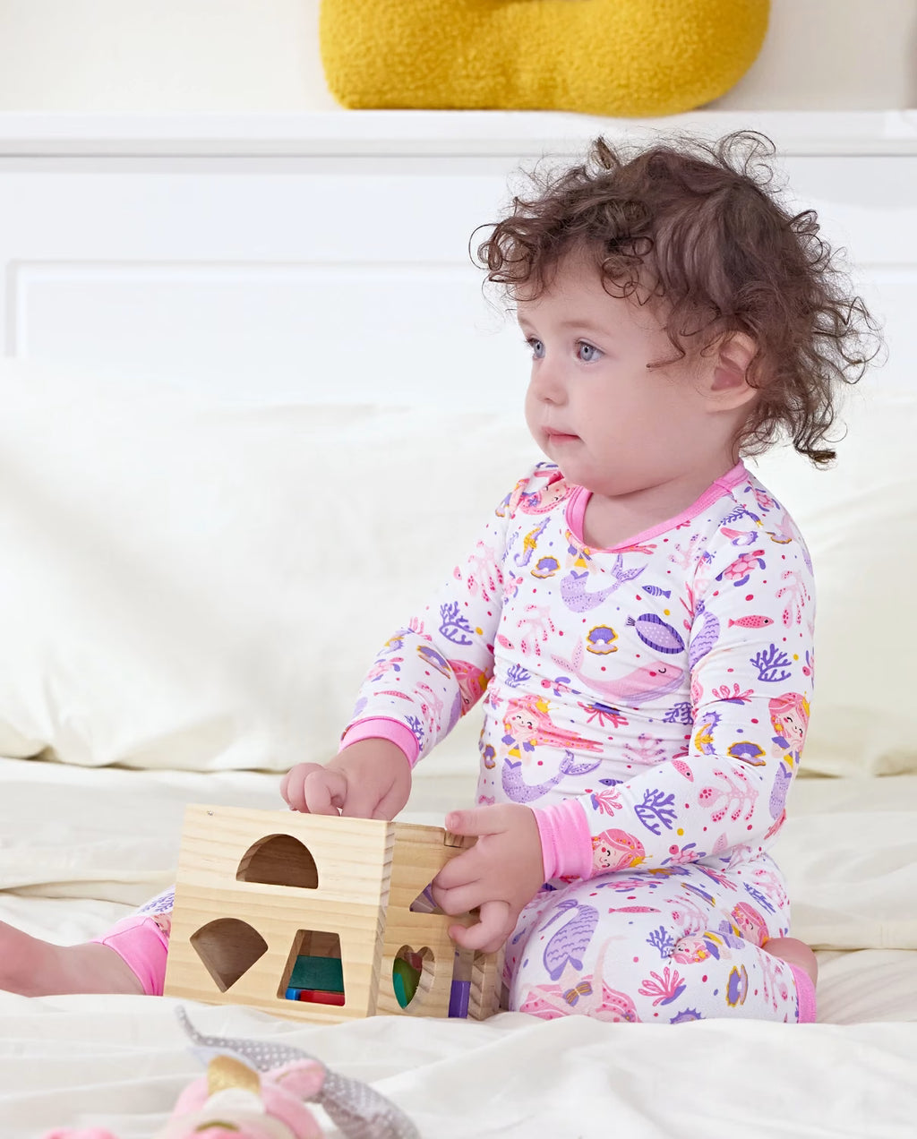 Pink Mermaid Long Two-Piece Pajama Set, pink mermaid bamboo two piece pjs lifestyle 11