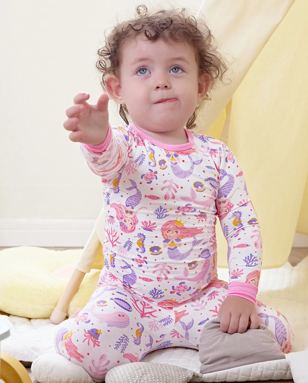 Pink Mermaid Long Two-Piece Pajama Set, pink mermaid bamboo two piece pjs lifestyle 3