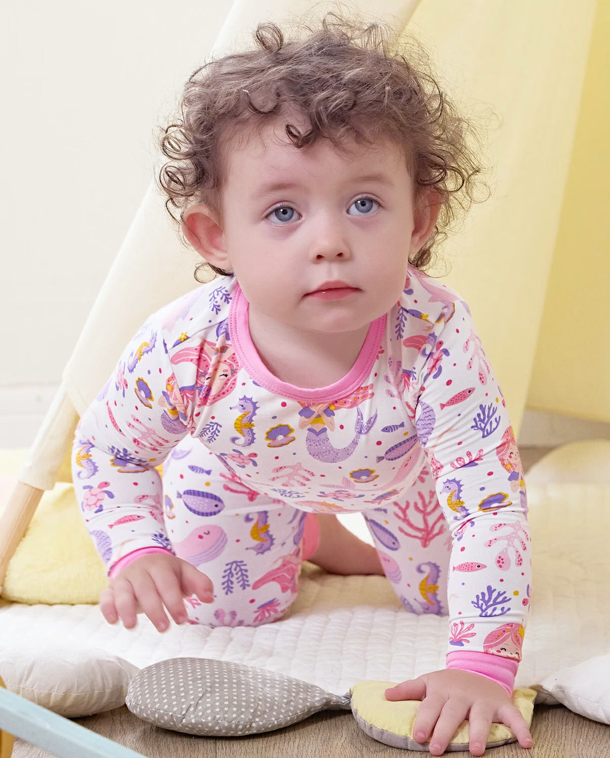 Pink Mermaid Long Two-Piece Pajama Set, pink mermaid bamboo two piece pjs lifestyle 4