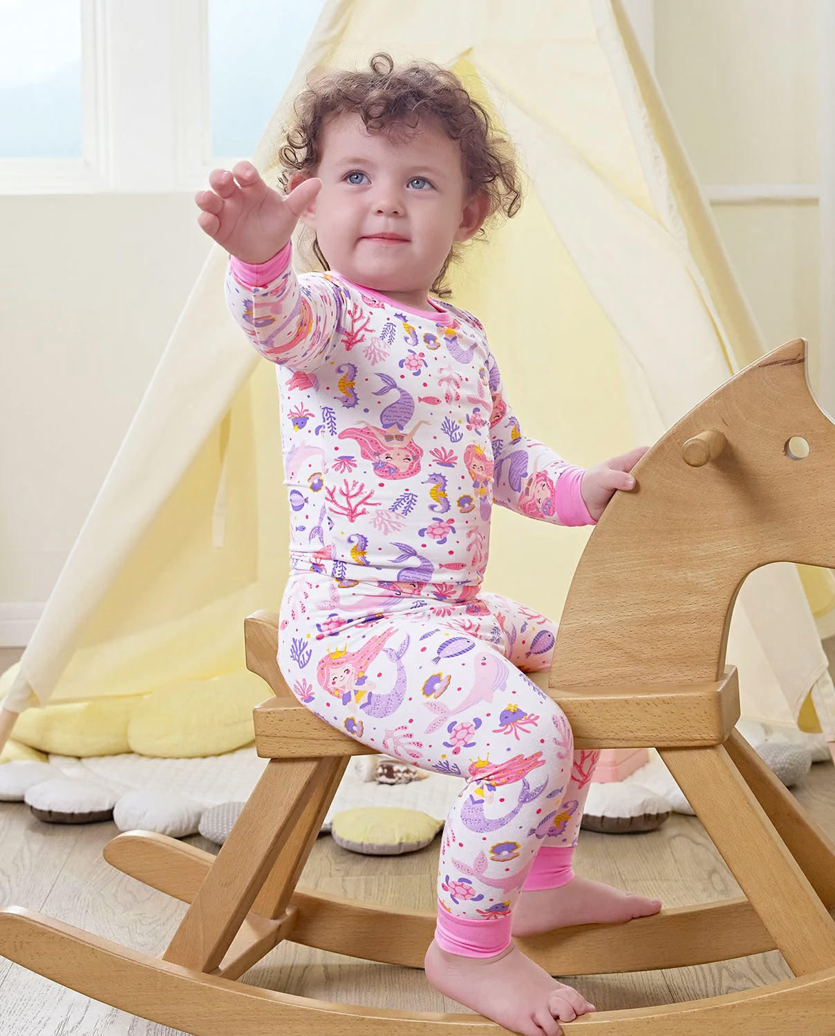 Pink Mermaid Long Two-Piece Pajama Set, pink mermaid bamboo two piece pjs lifestyle 5