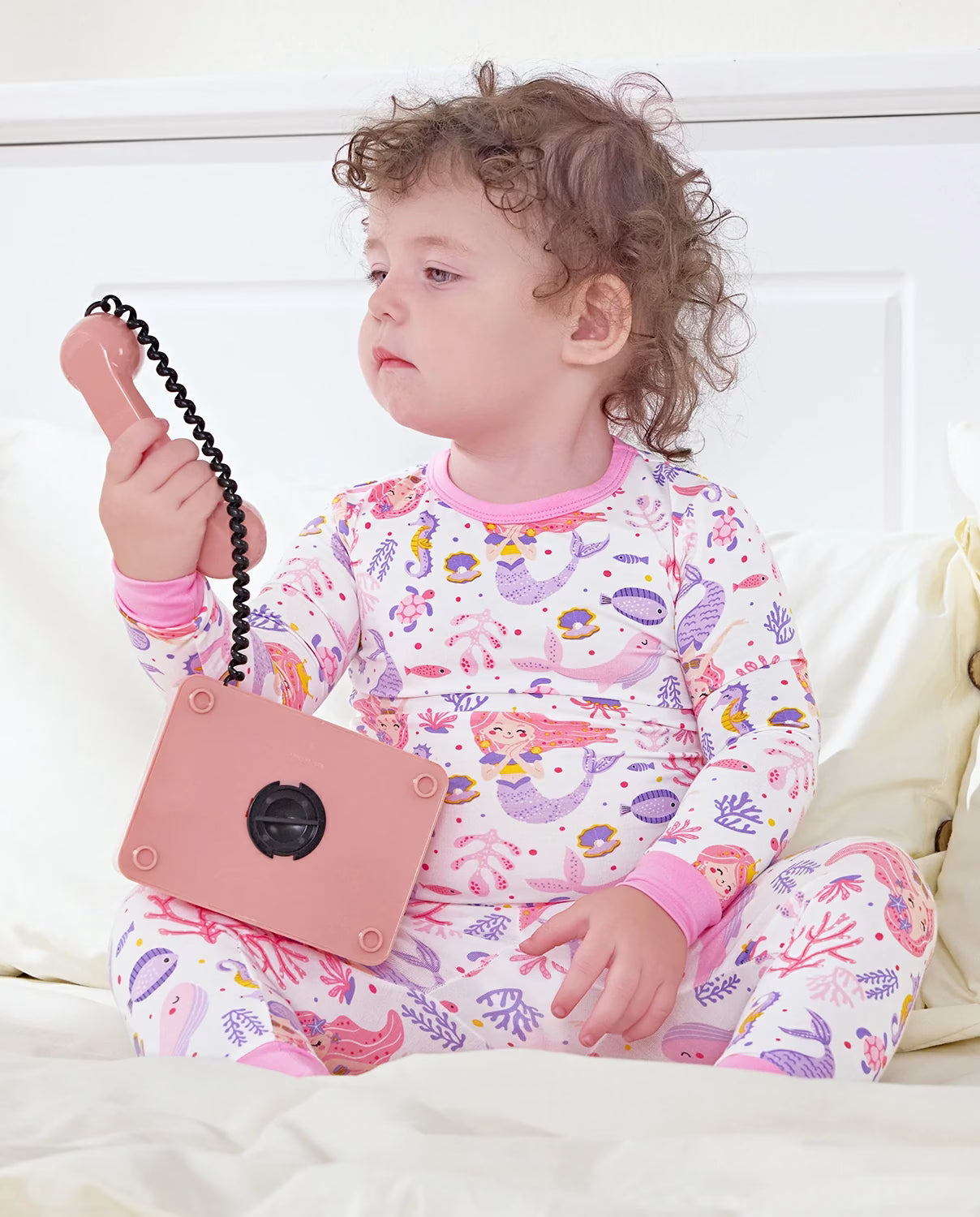 Pink Mermaid Long Two-Piece Pajama Set, pink mermaid bamboo two piece pjs lifestyle 6