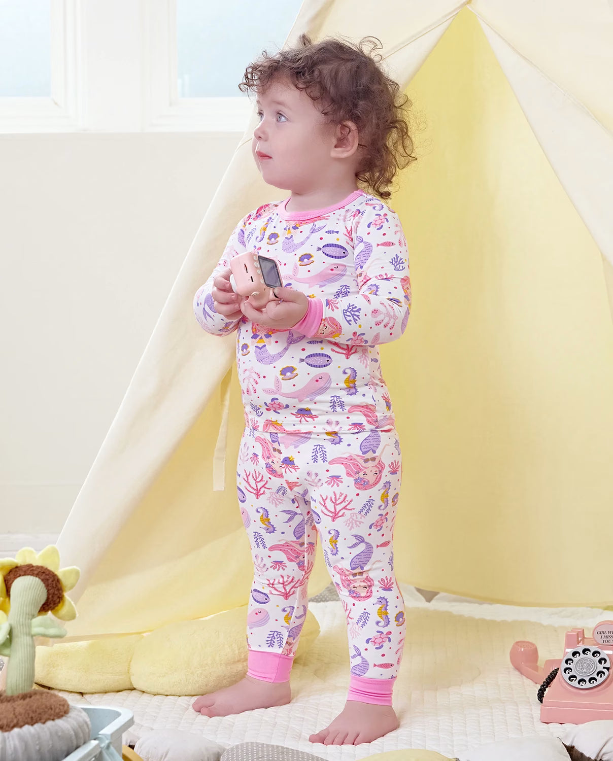 Pink Mermaid Long Two-Piece Pajama Set, pink mermaid bamboo two piece pjs lifestyle 7
