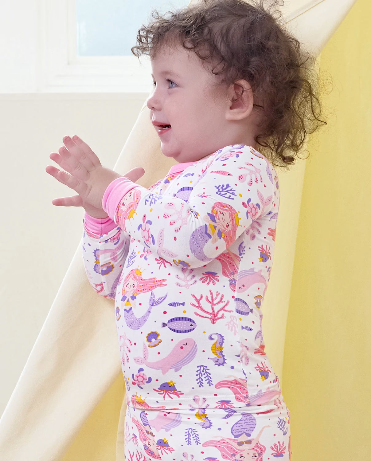 Pink Mermaid Long Two-Piece Pajama Set, pink mermaid bamboo two piece pjs lifestyle 8