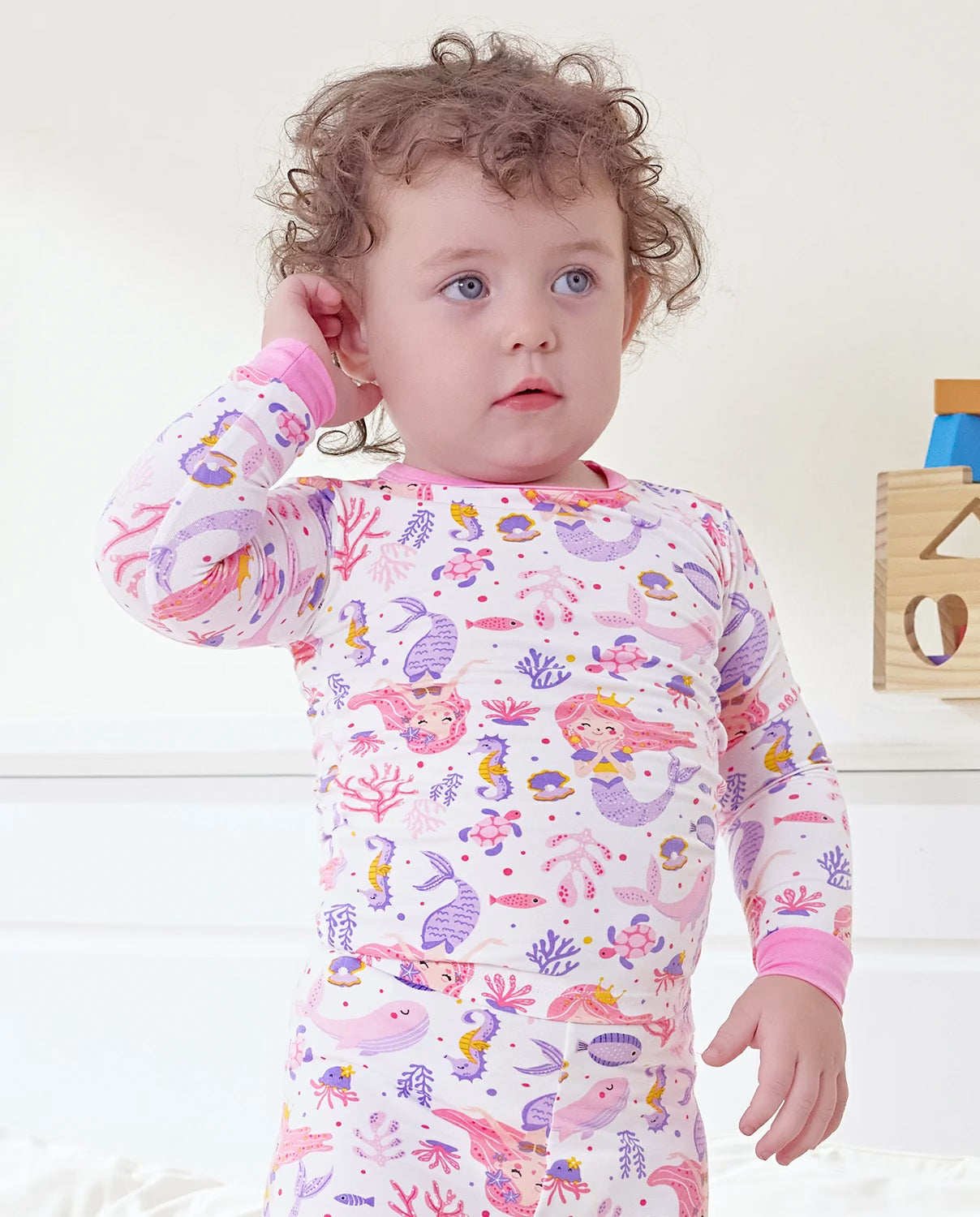 Pink Mermaid Long Two-Piece Pajama Set, pink mermaid bamboo two piece pjs lifestyle 9