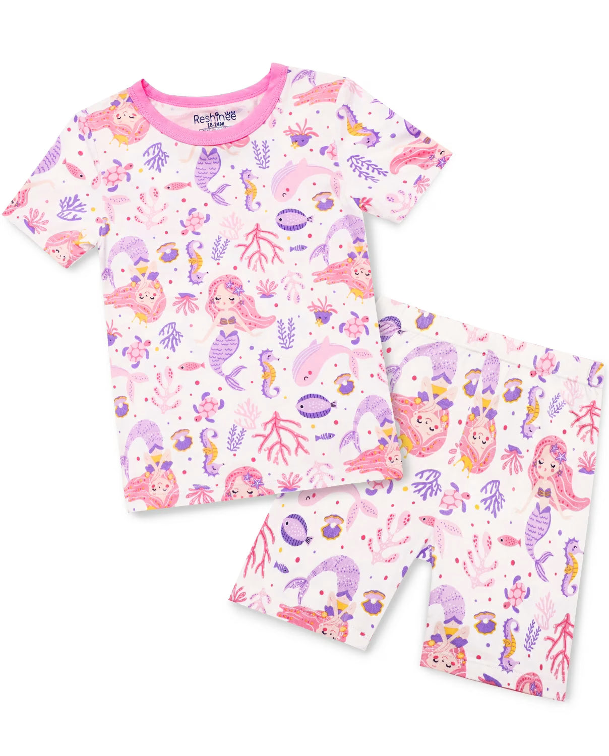 Pink Mermaid Short Two-Piece Pajama Set, pink mermaid short two piece pajama set main