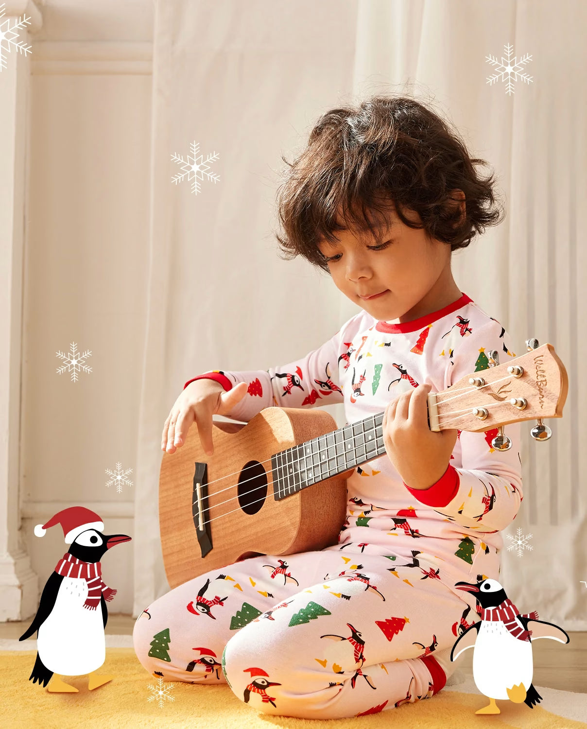 Pink Penguin Long Two-Piece Pajama Set, pink penguin bamboo two piece pjs lifestyle 1