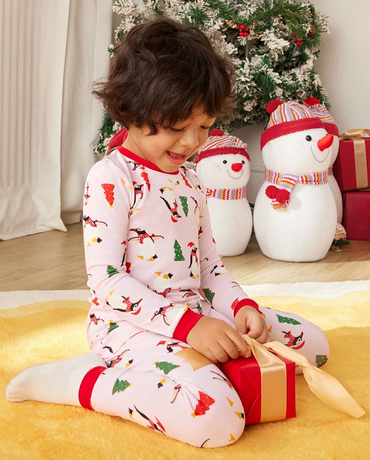 Pink Penguin Long Two-Piece Pajama Set, pink penguin bamboo two piece pjs lifestyle 8