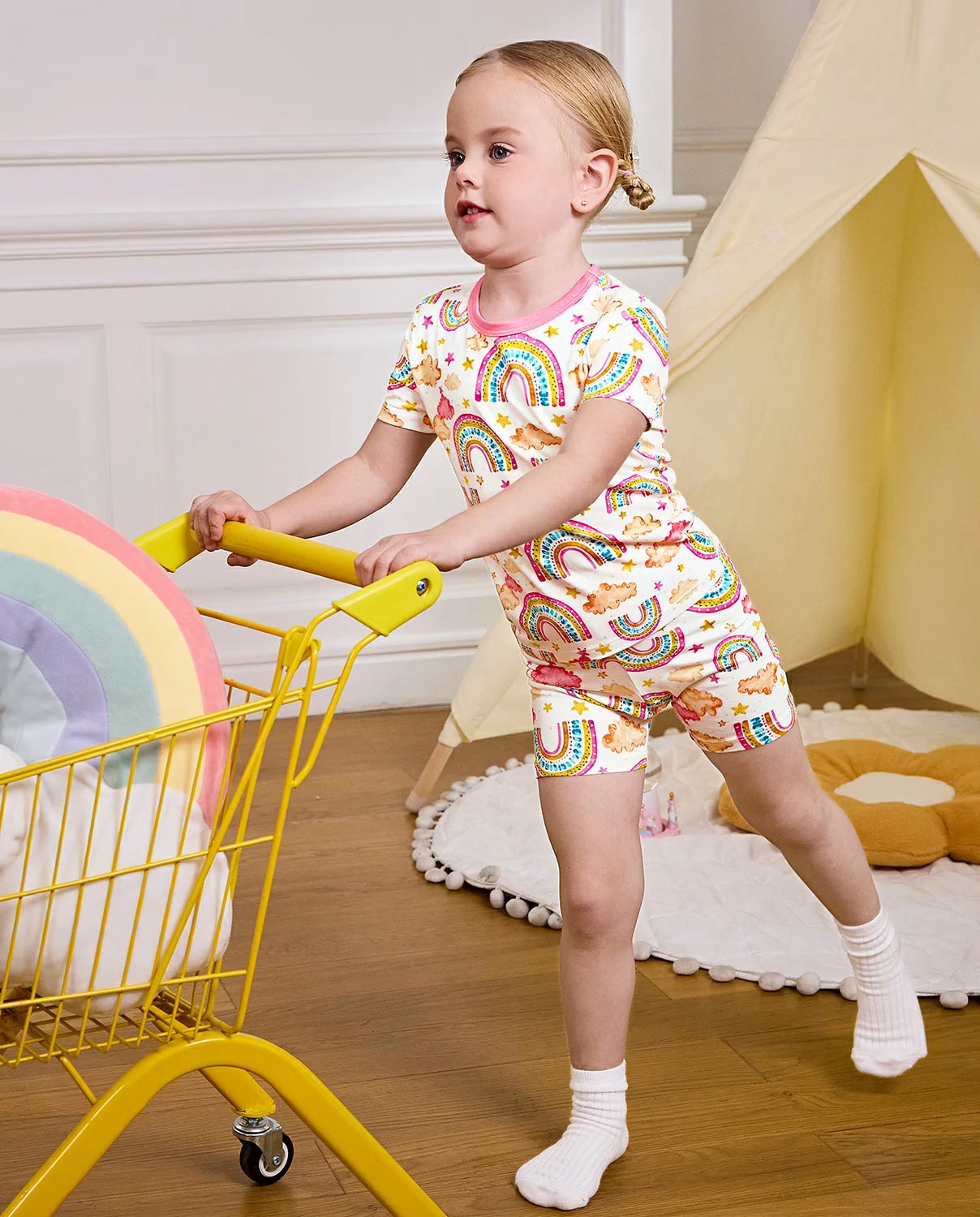 Pink Rainbow Short Two-Piece Pajama Set, pink rainbow bamboo short two piece pjs lifestyle 01