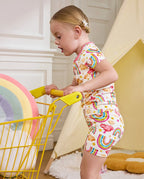 Pink Rainbow Short Two-Piece Pajama Set, pink rainbow bamboo short two piece pjs lifestyle 02