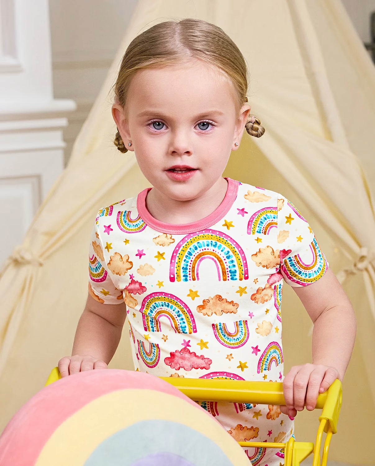Pink Rainbow Short Two-Piece Pajama Set, pink rainbow bamboo short two piece pjs lifestyle 04