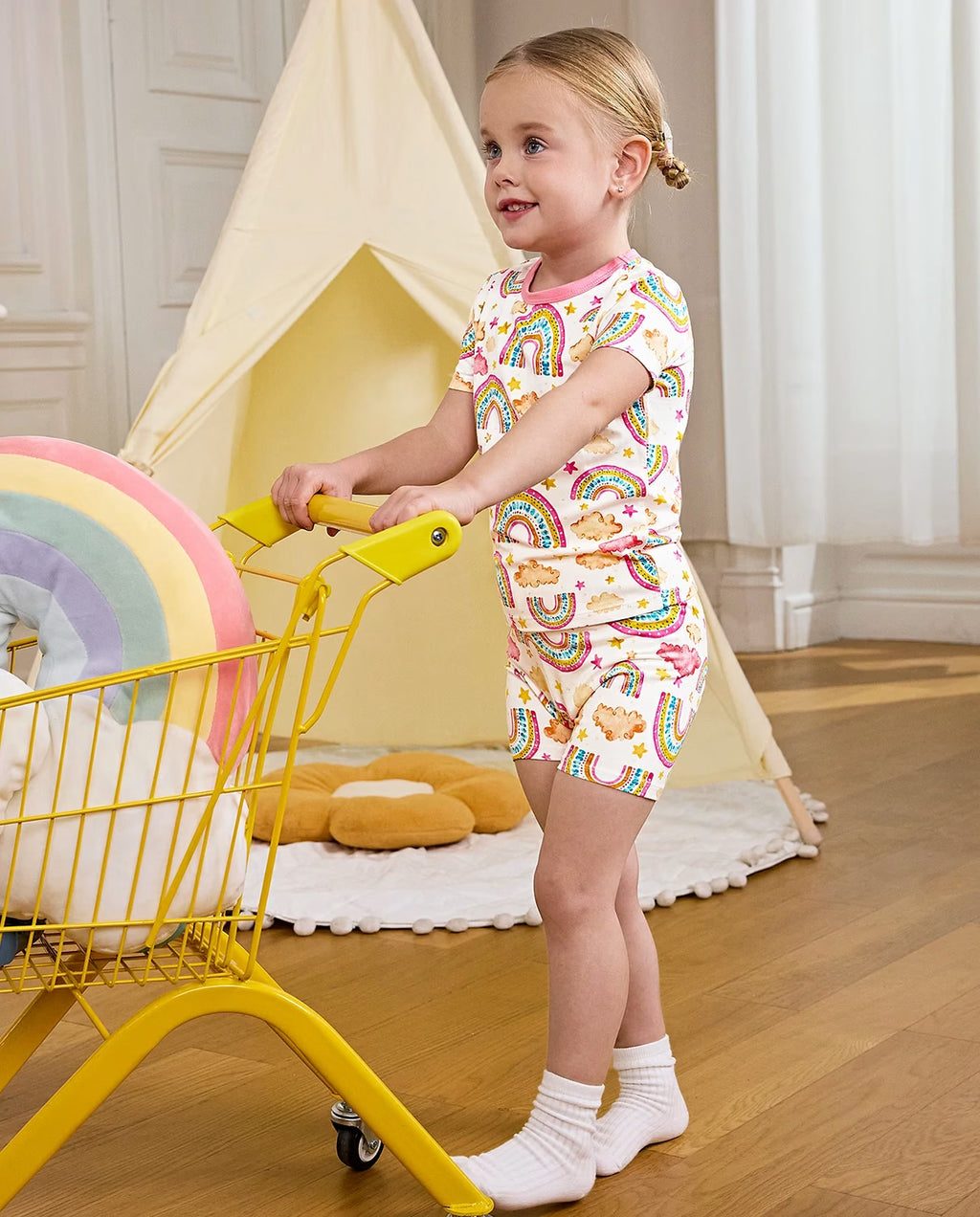 Pink Rainbow Short Two-Piece Pajama Set, pink rainbow bamboo short two piece pjs lifestyle 05