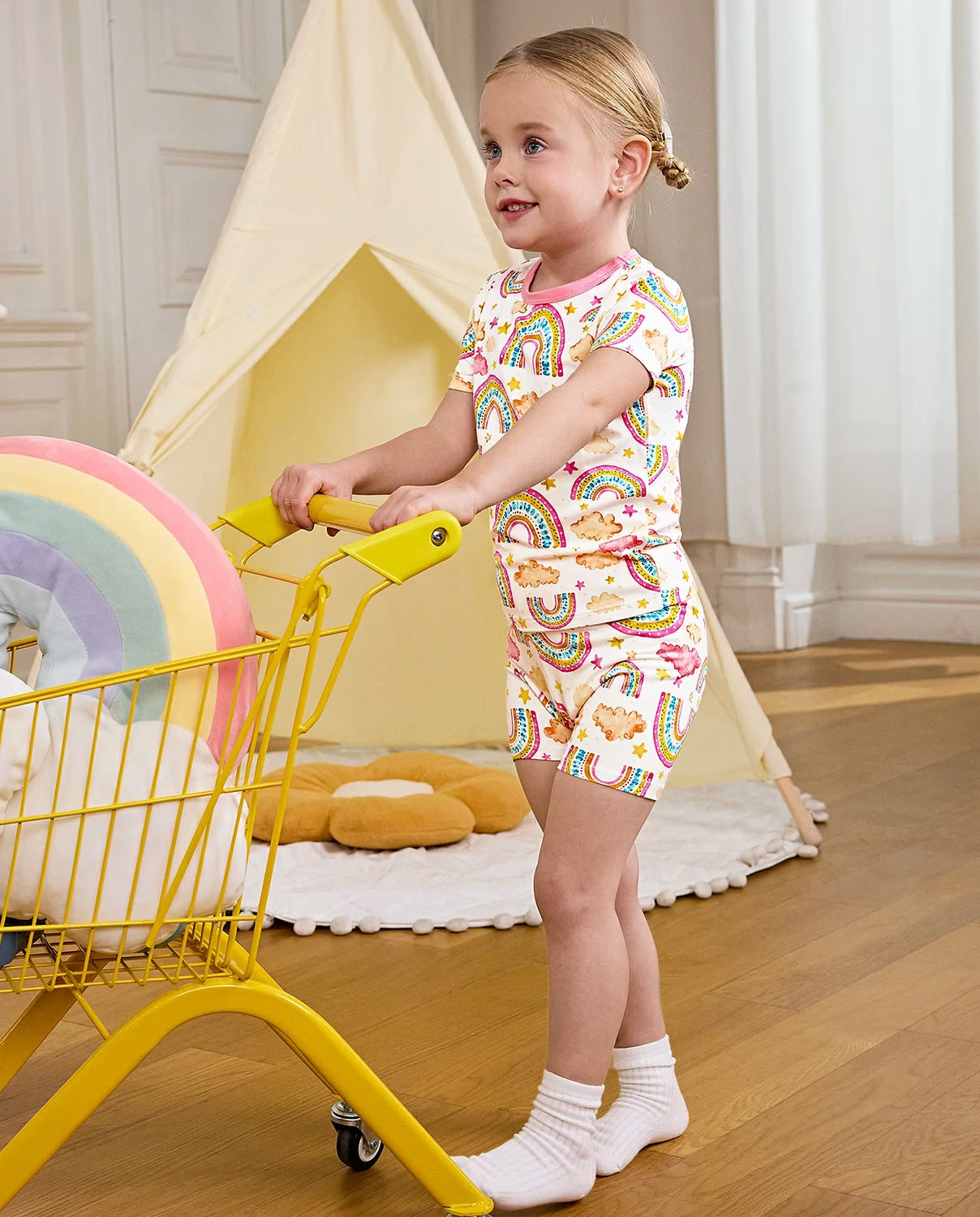 Pink Rainbow Short Two-Piece Pajama Set, pink rainbow bamboo short two piece pjs lifestyle 05