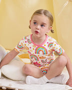 Pink Rainbow Short Two-Piece Pajama Set, pink rainbow bamboo short two piece pjs lifestyle 06