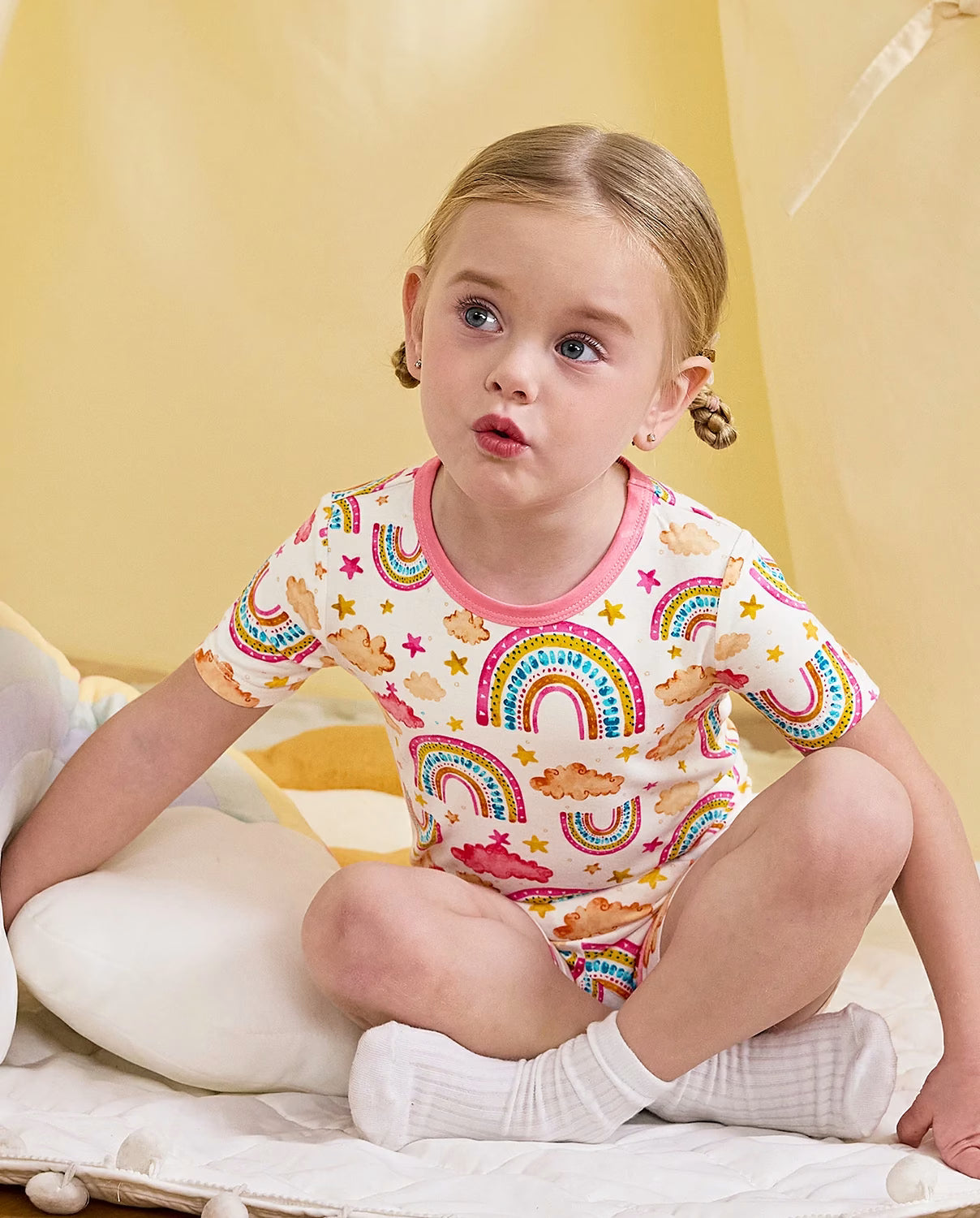 Pink Rainbow Short Two-Piece Pajama Set, pink rainbow bamboo short two piece pjs lifestyle 06