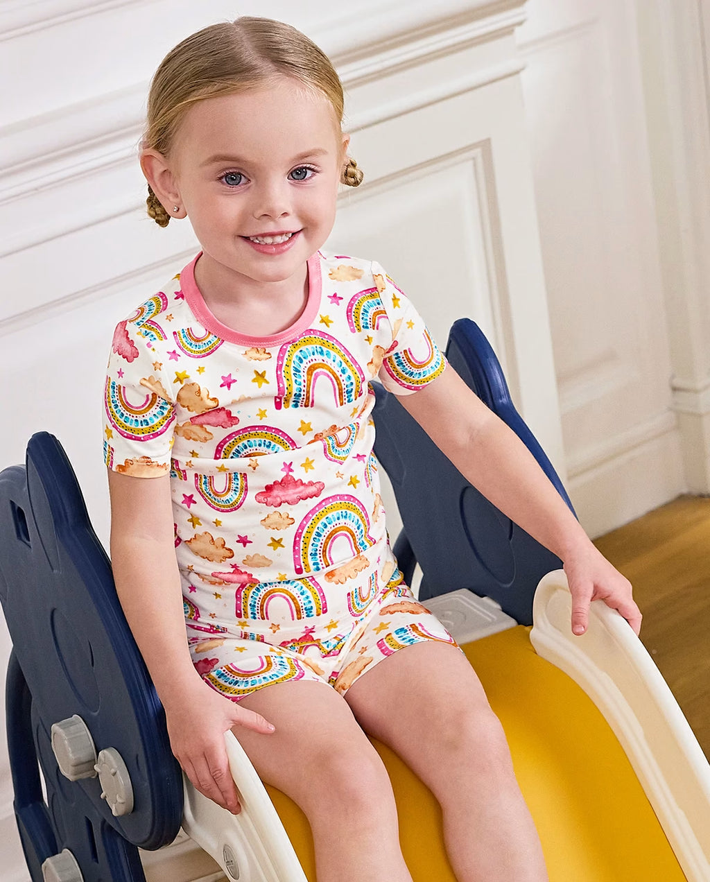Pink Rainbow Short Two-Piece Pajama Set, pink rainbow bamboo short two piece pjs lifestyle 08