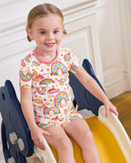 Pink Rainbow Short Two-Piece Pajama Set, pink rainbow bamboo short two piece pjs lifestyle 08