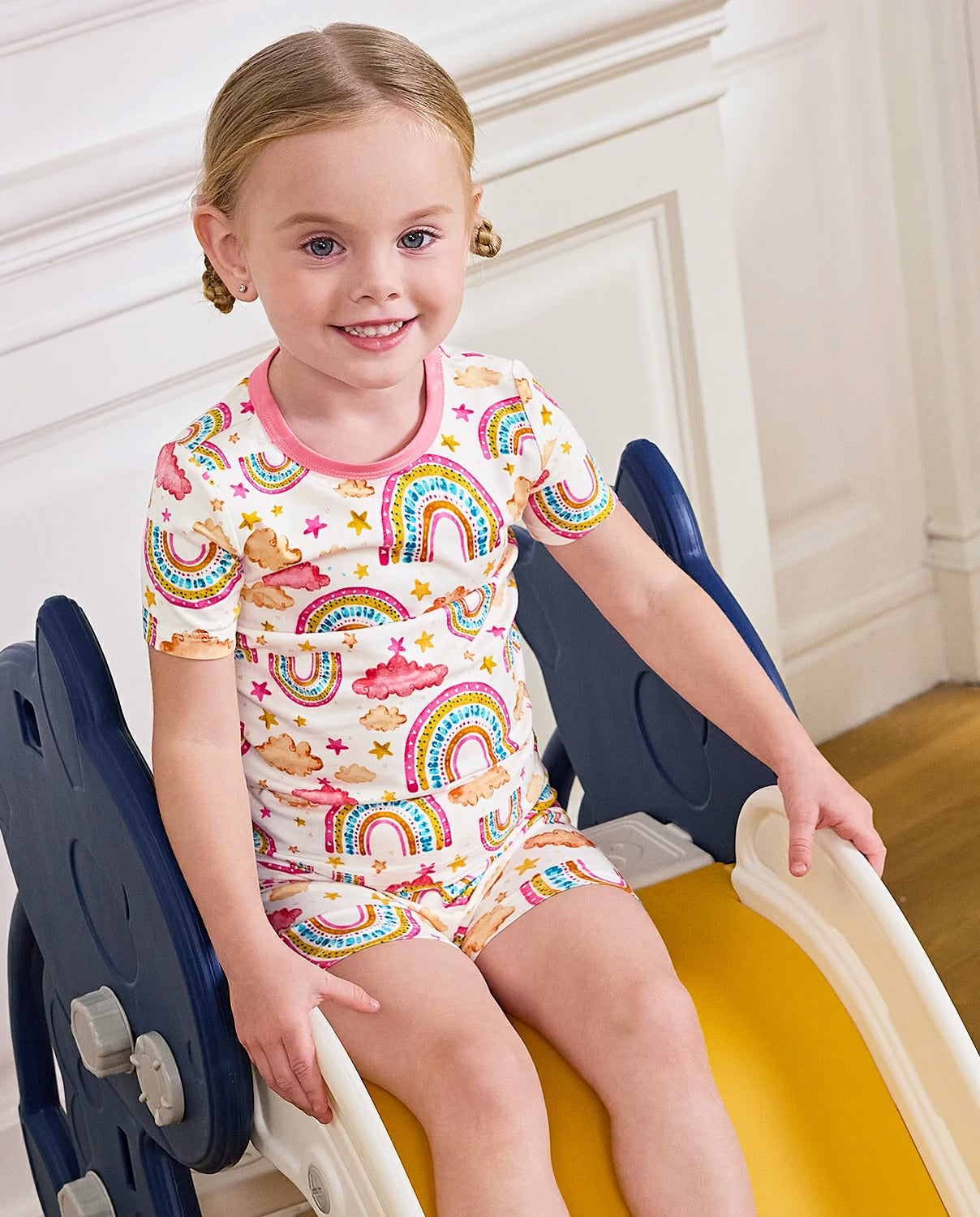 Pink Rainbow Short Two-Piece Pajama Set, pink rainbow bamboo short two piece pjs lifestyle 08