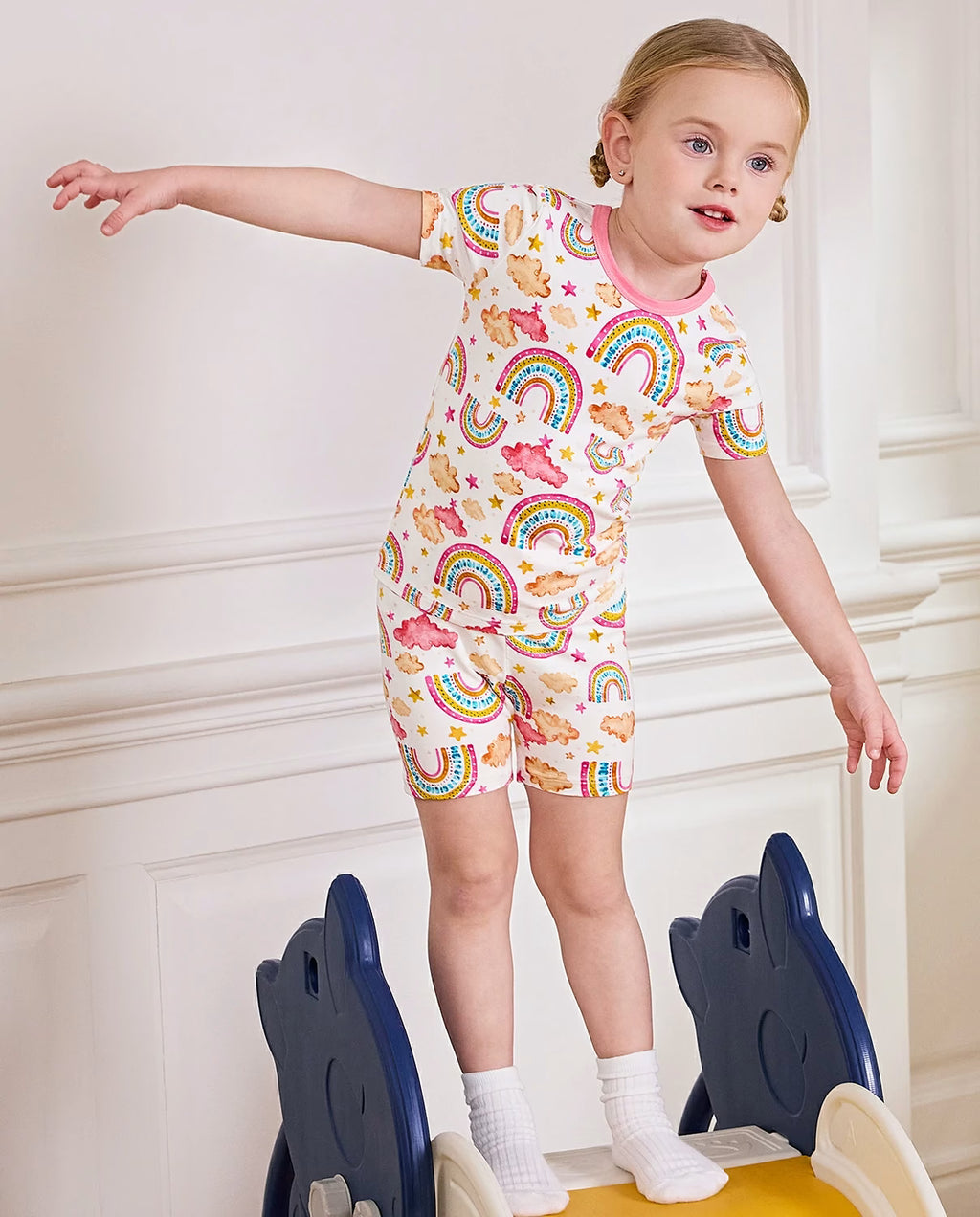 Pink Rainbow Short Two-Piece Pajama Set, pink rainbow bamboo short two piece pjs lifestyle 09