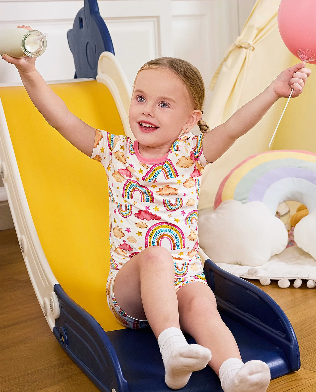 Pink Rainbow Short Two-Piece Pajama Set, pink rainbow bamboo short two piece pjs lifestyle 10
