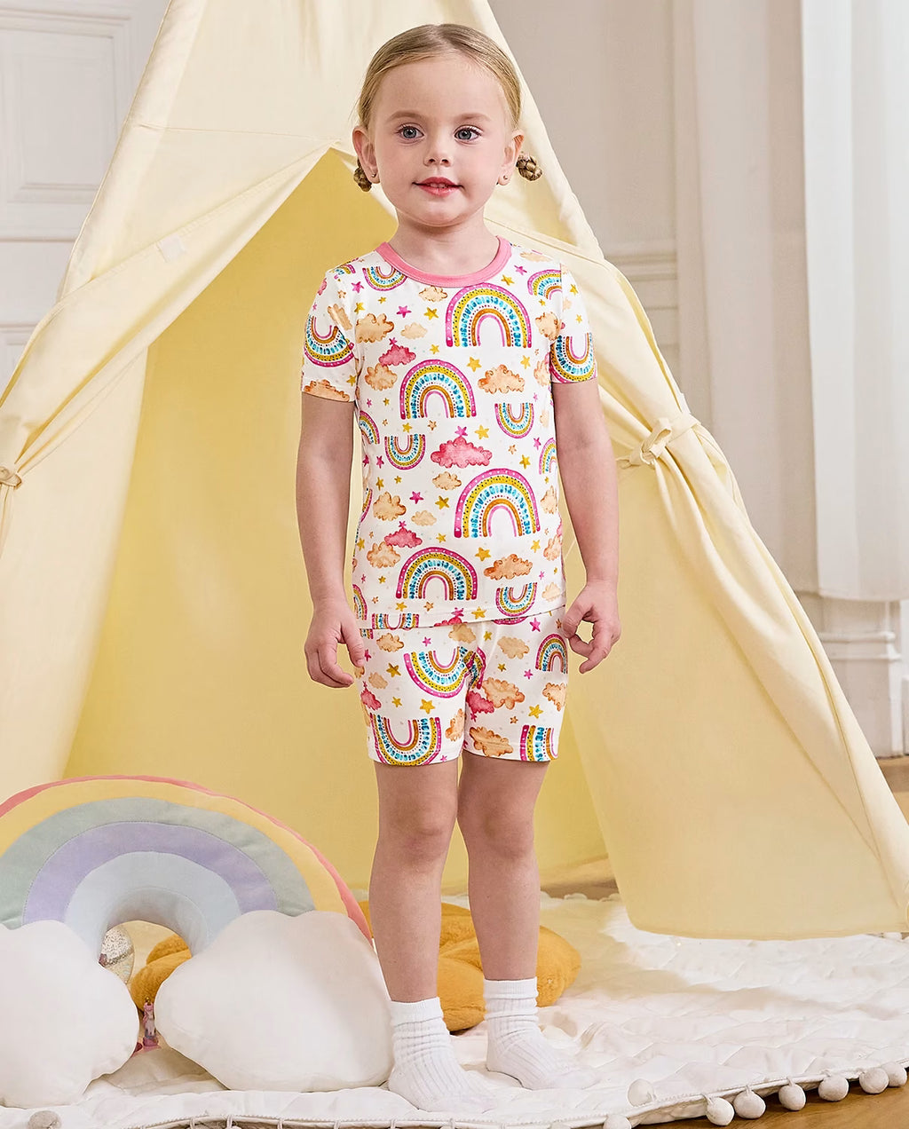 Pink Rainbow Short Two-Piece Pajama Set, pink rainbow bamboo short two piece pjs lifestyle 11