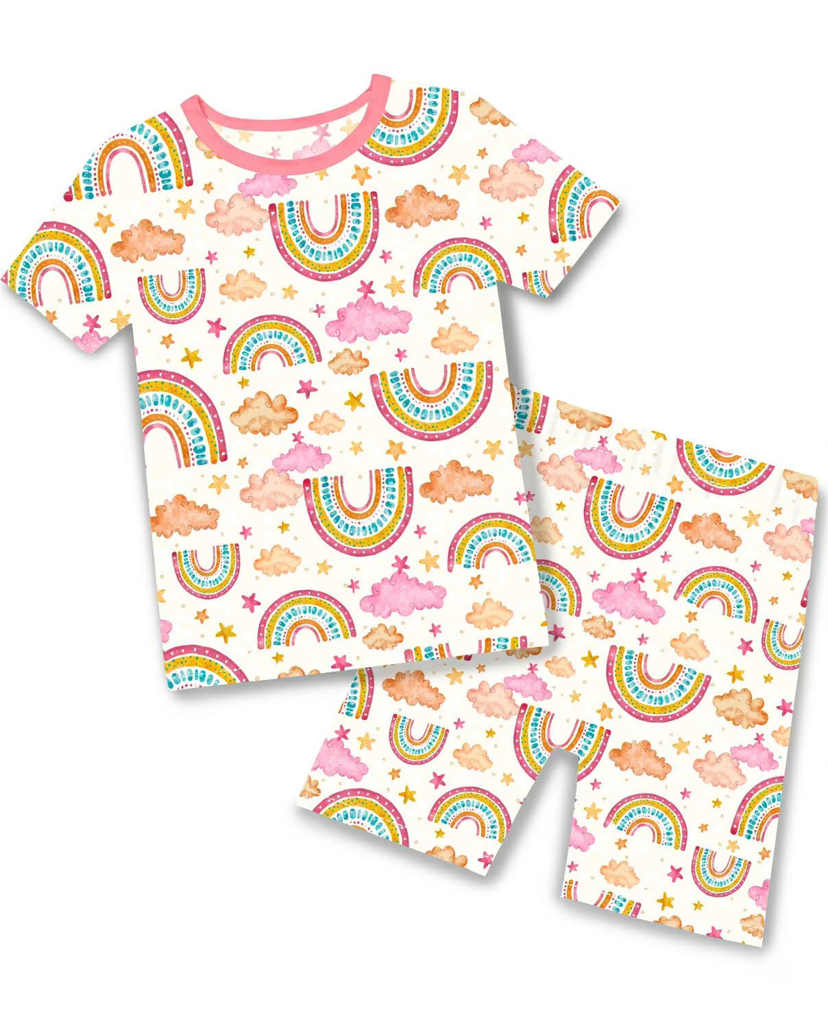 Pink Rainbow Short Two-Piece Pajama Set, pink rainbow short two piece pajama set main