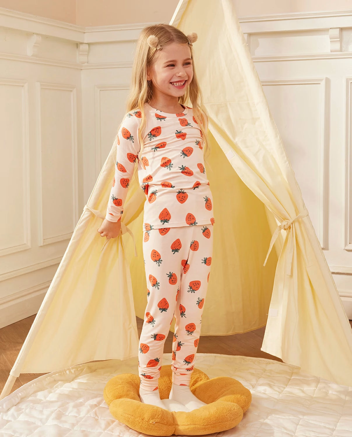 Pink Strawberry Long Two-Piece Pajama Set, pink strawberry bamboo two piece pjs lifestyle 1