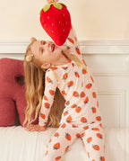 Pink Strawberry Long Two-Piece Pajama Set, pink strawberry bamboo two piece pjs lifestyle 2