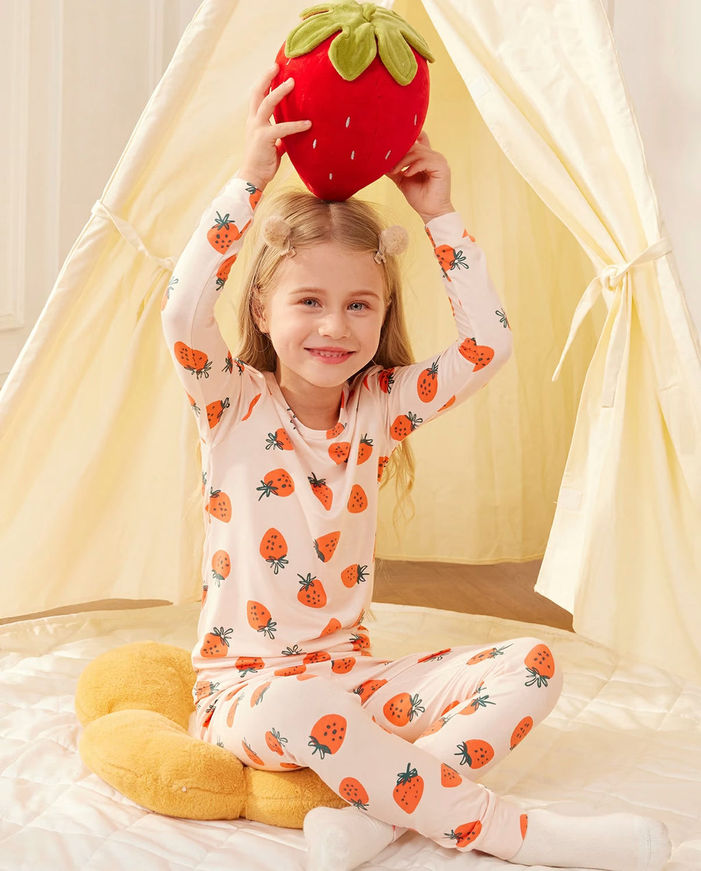 Pink Strawberry Long Two-Piece Pajama Set, pink strawberry bamboo two piece pjs lifestyle 3