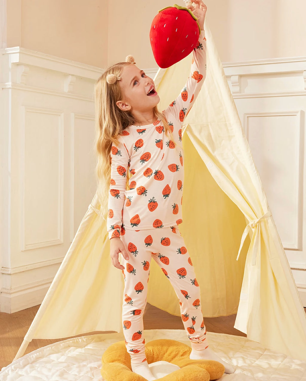 Pink Strawberry Long Two-Piece Pajama Set, pink strawberry bamboo two piece pjs lifestyle 4