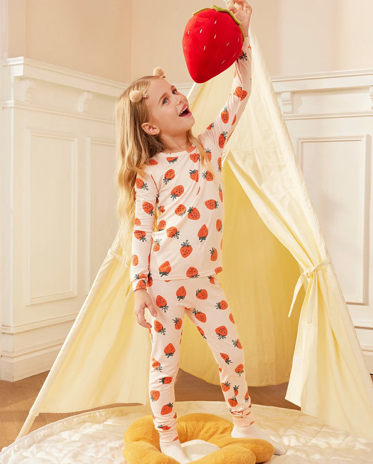 Pink Strawberry Long Two-Piece Pajama Set, pink strawberry bamboo two piece pjs lifestyle 4