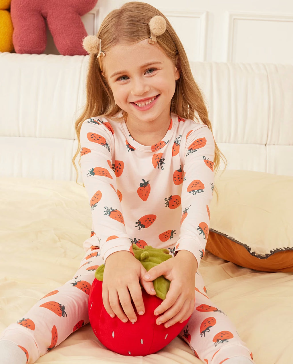 Pink Strawberry Long Two-Piece Pajama Set, pink strawberry bamboo two piece pjs lifestyle 7