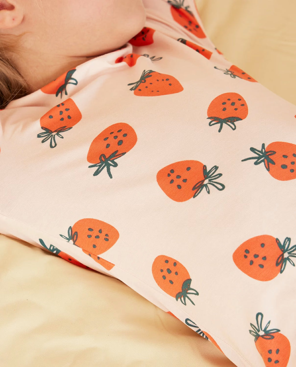Pink Strawberry Long Two-Piece Pajama Set, pink strawberry bamboo two piece pjs lifestyle 8