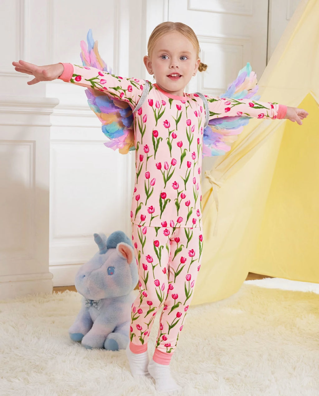 Pink Tulip Long Two-Piece Pajama Set, pink tulip bamboo two piece pjs lifestyle 1