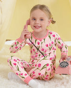 Pink Tulip Long Two-Piece Pajama Set, pink tulip bamboo two piece pjs lifestyle 3