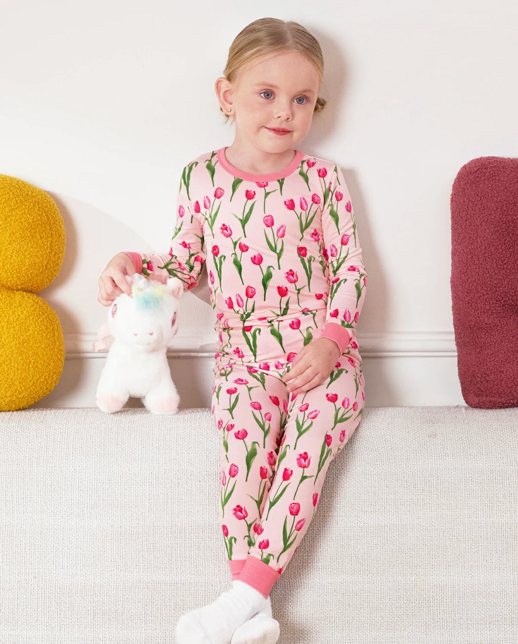 Pink Tulip Long Two-Piece Pajama Set, pink tulip bamboo two piece pjs lifestyle 4