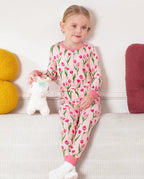 Pink Tulip Long Two-Piece Pajama Set, pink tulip bamboo two piece pjs lifestyle 4