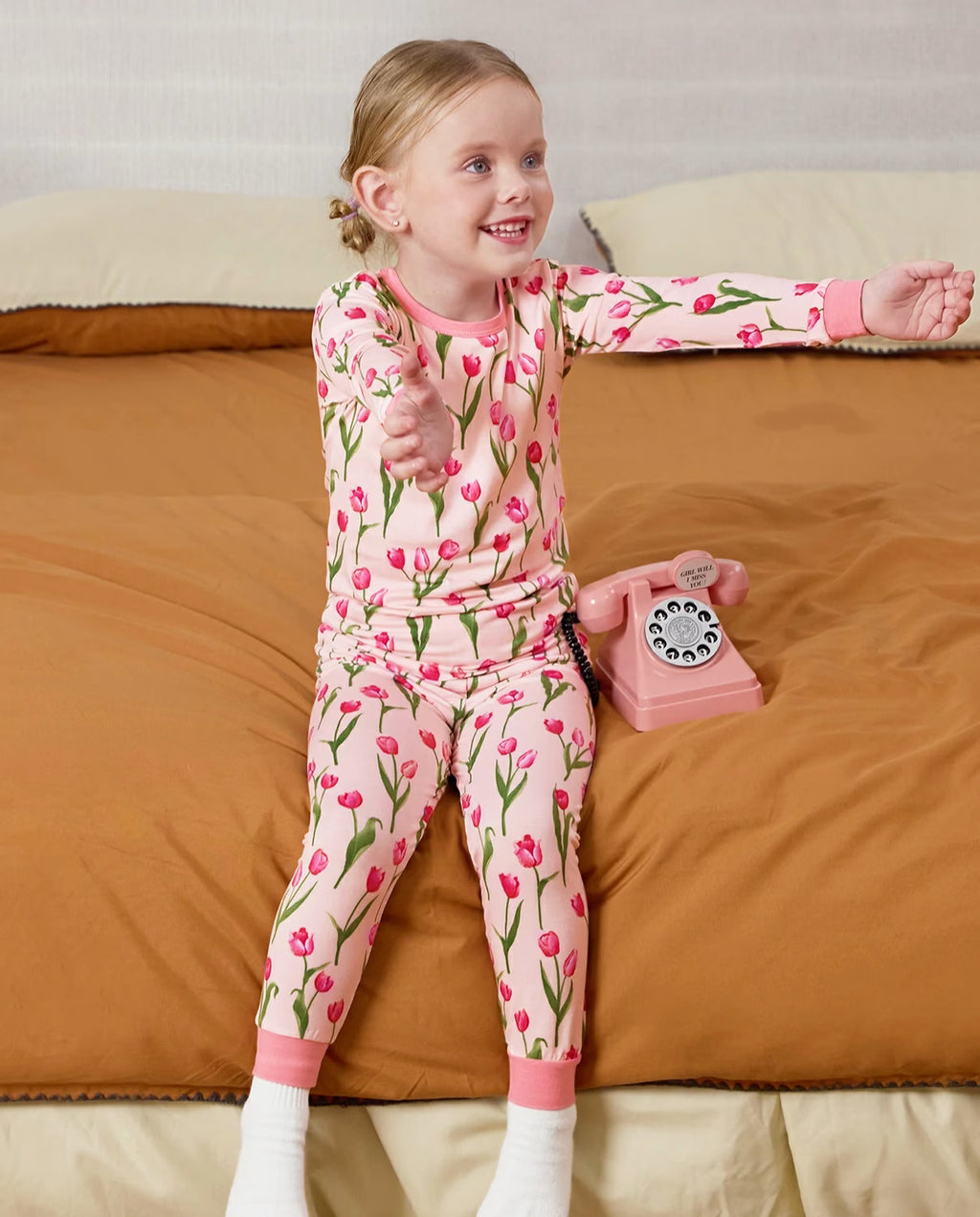 Pink Tulip Long Two-Piece Pajama Set, pink tulip bamboo two piece pjs lifestyle 6