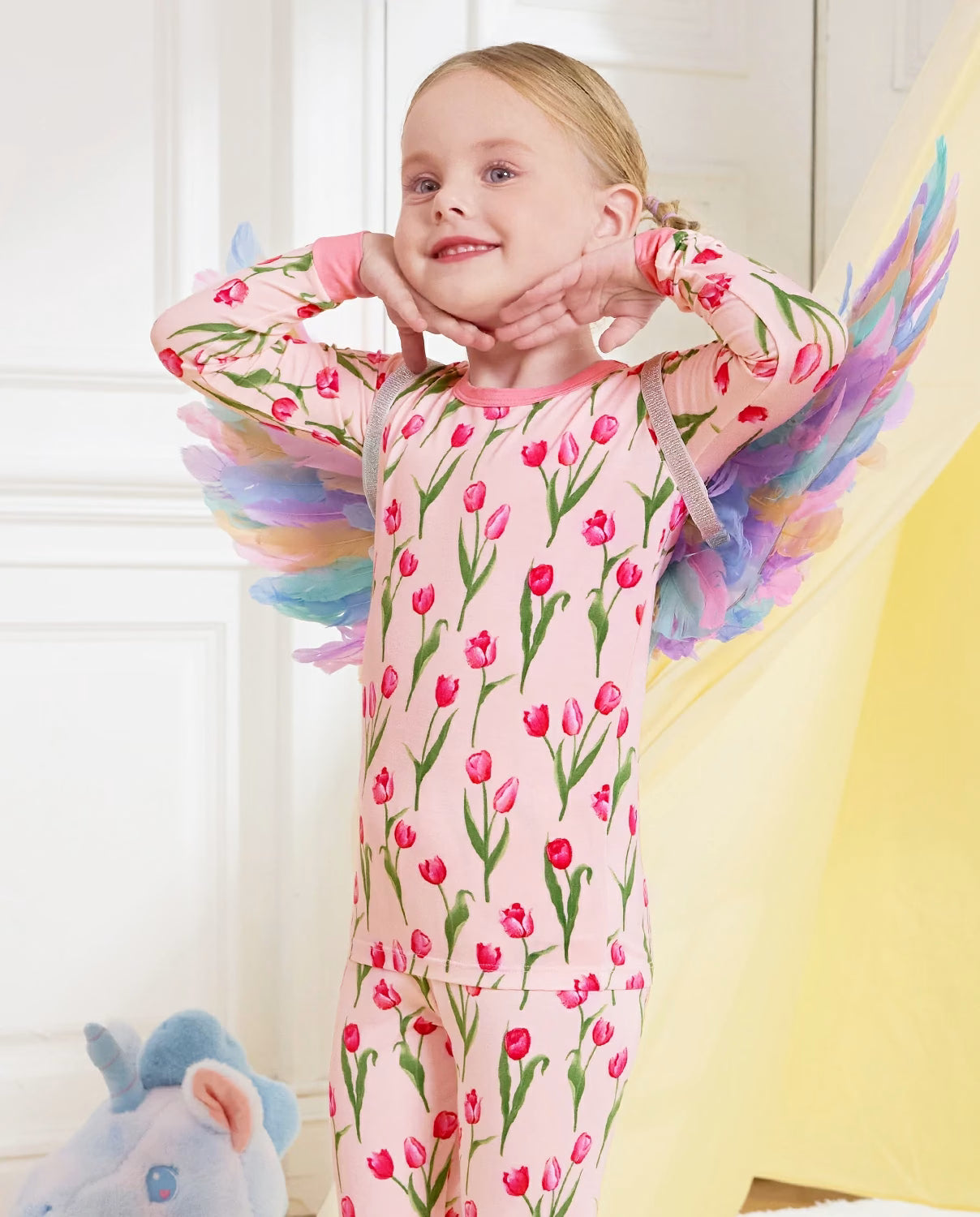 Pink Tulip Long Two-Piece Pajama Set, pink tulip bamboo two piece pjs lifestyle 7
