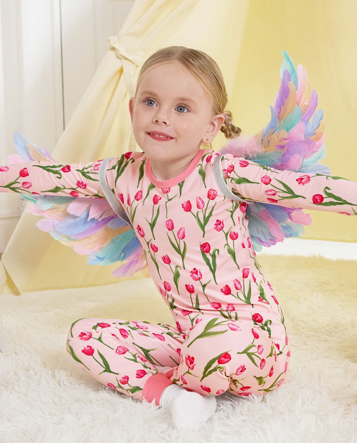 Pink Tulip Long Two-Piece Pajama Set, pink tulip bamboo two piece pjs lifestyle 8