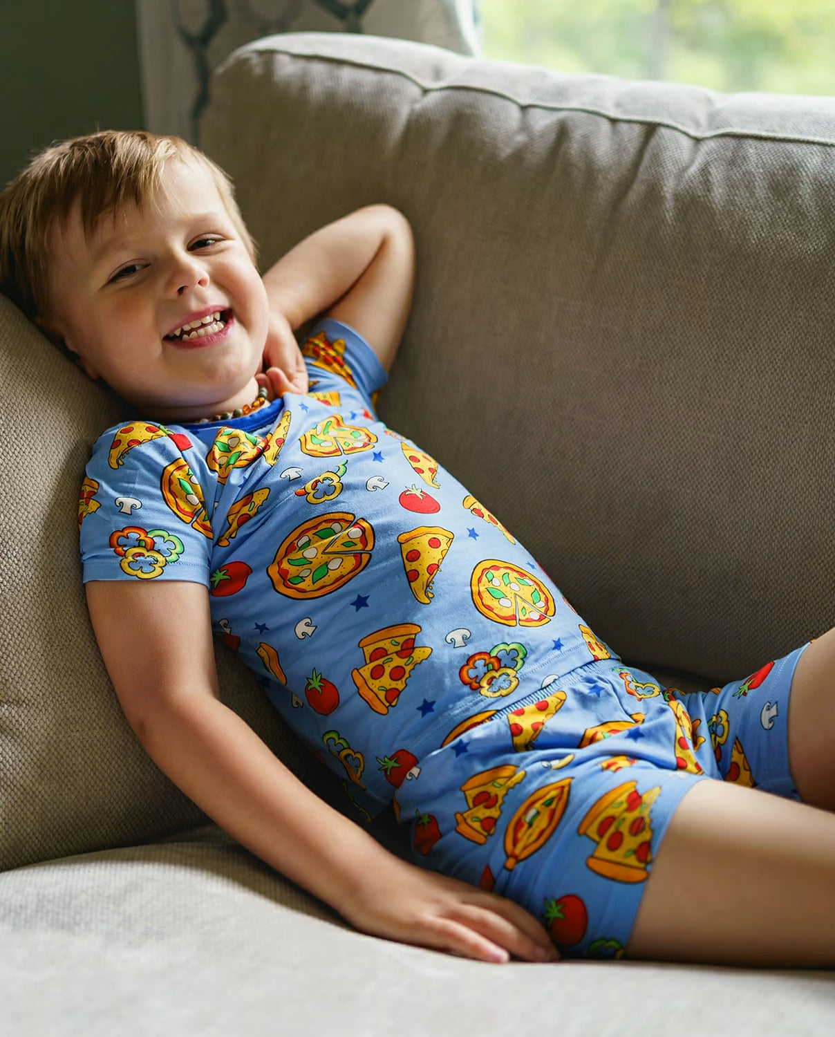 Pizza Party Short Two-Piece Pajama Set, pizza party bamboo short two piece pjs lifestyle 07