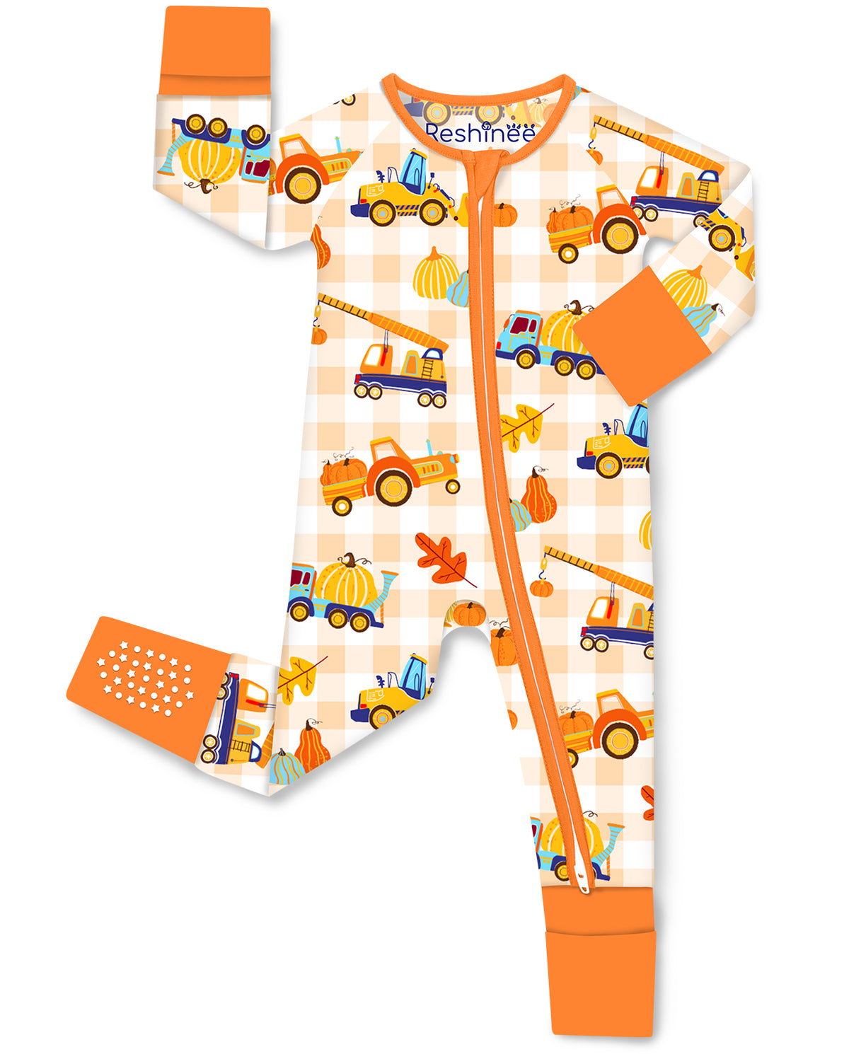 Pumpkin Tractors Bamboo Zippy laid flat, showing orange fold-over cuffs, zipper and printed grip feet.