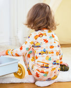 Back view of Pumpkin Tractors long two-piece pajamas with the cream gingham vehicle and pumpkin print.