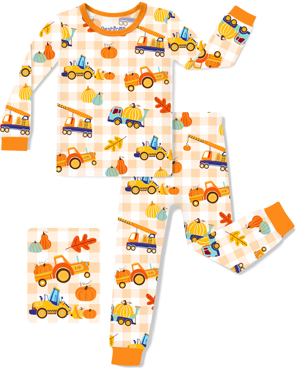 Pumpkin Tractors long-sleeve top and pants laid flat on a white background.