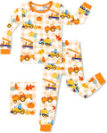 Pumpkin Tractors long-sleeve top and pants laid flat on a white background.