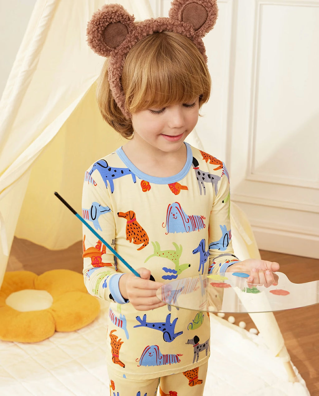 Puppy Bliss Long Two-Piece Pajama Set, puppy bliss bamboo two piece pjs lifestyle 4