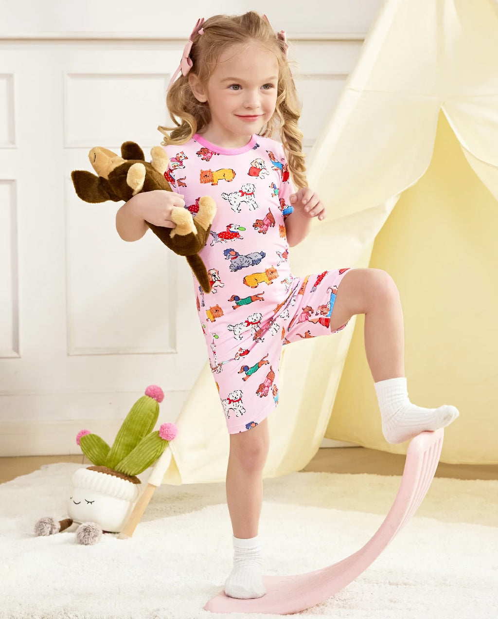 Puppy Parade Short Two-Piece Pajama Set, puppy parade bamboo short two piece pjs lifestyle 08