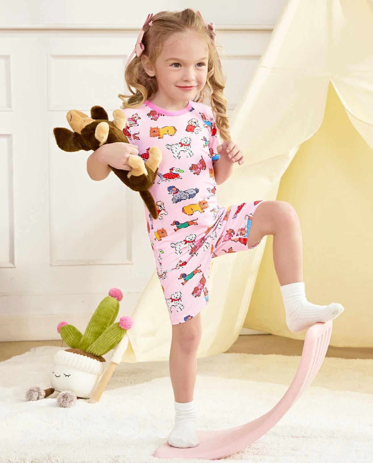 Puppy Parade Short Two-Piece Pajama Set, puppy parade bamboo short two piece pjs lifestyle 08
