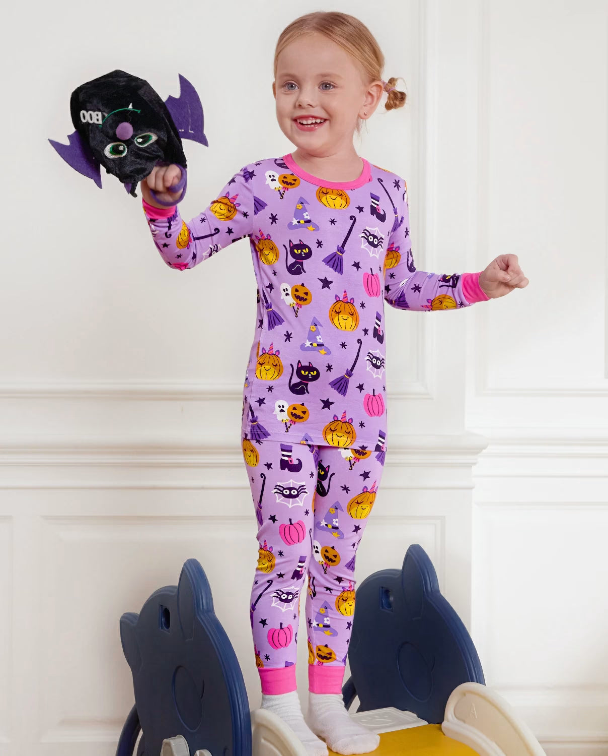 Purple Halloween Long Two-Piece Pajama Set, purple halloween bamboo two piece pjs lifestyle 2