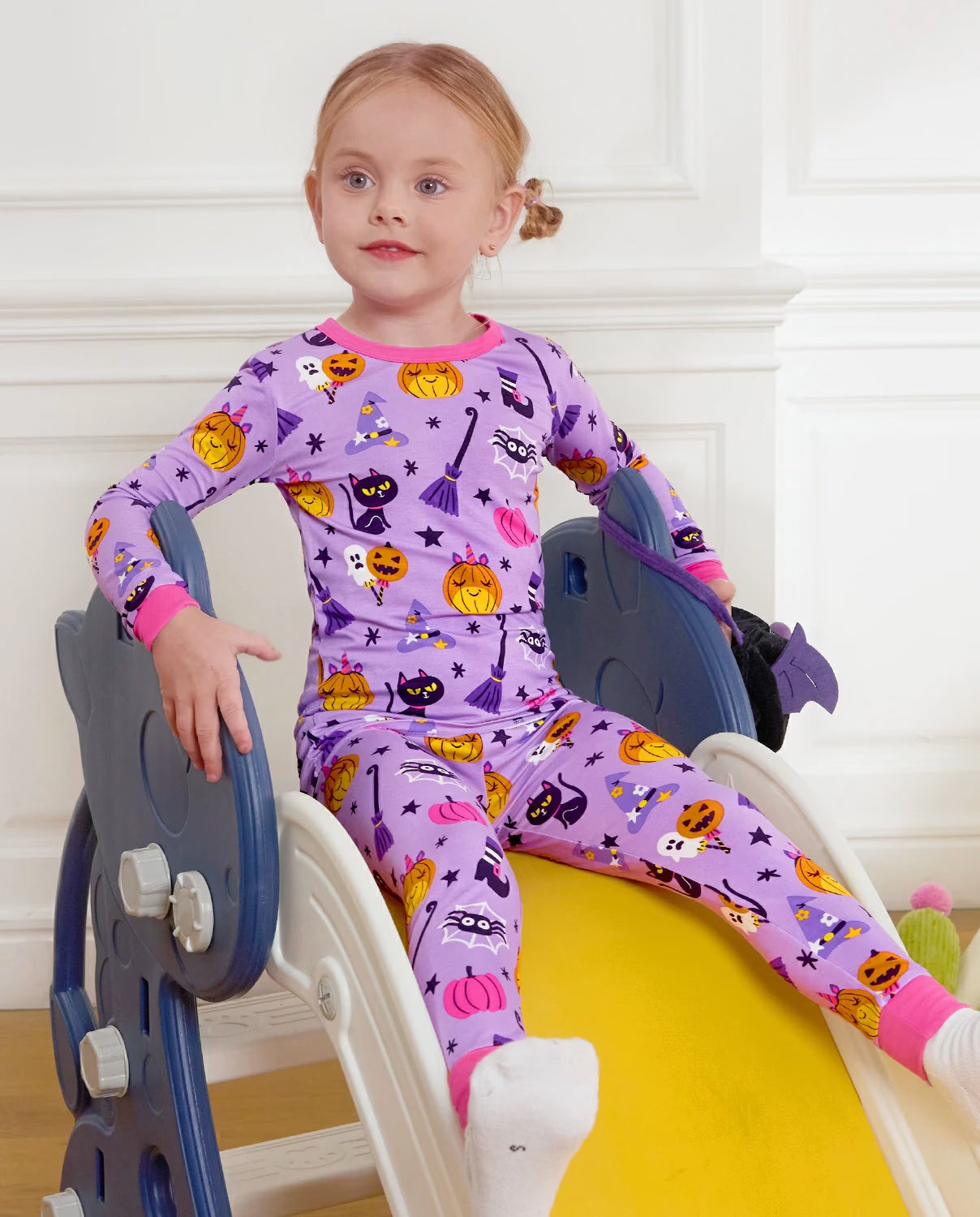 Purple Halloween Long Two-Piece Pajama Set, purple halloween bamboo two piece pjs lifestyle 3
